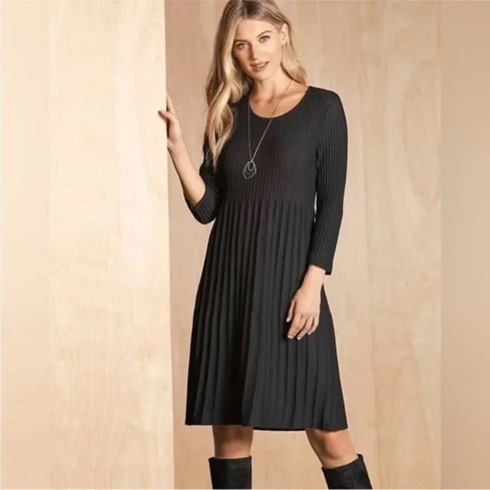 Eileen Fisher black washable wool crepe rib release pleated dress size xl